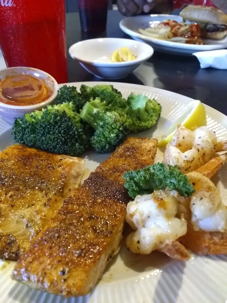 Grilled Salmon Steamed Broccoli and Shrimp